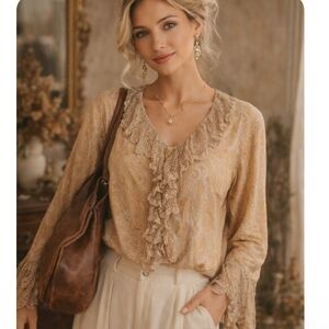 Avenue, sz 22/24, 100% Silk, gold cascading lace ruffle button front long sleev…